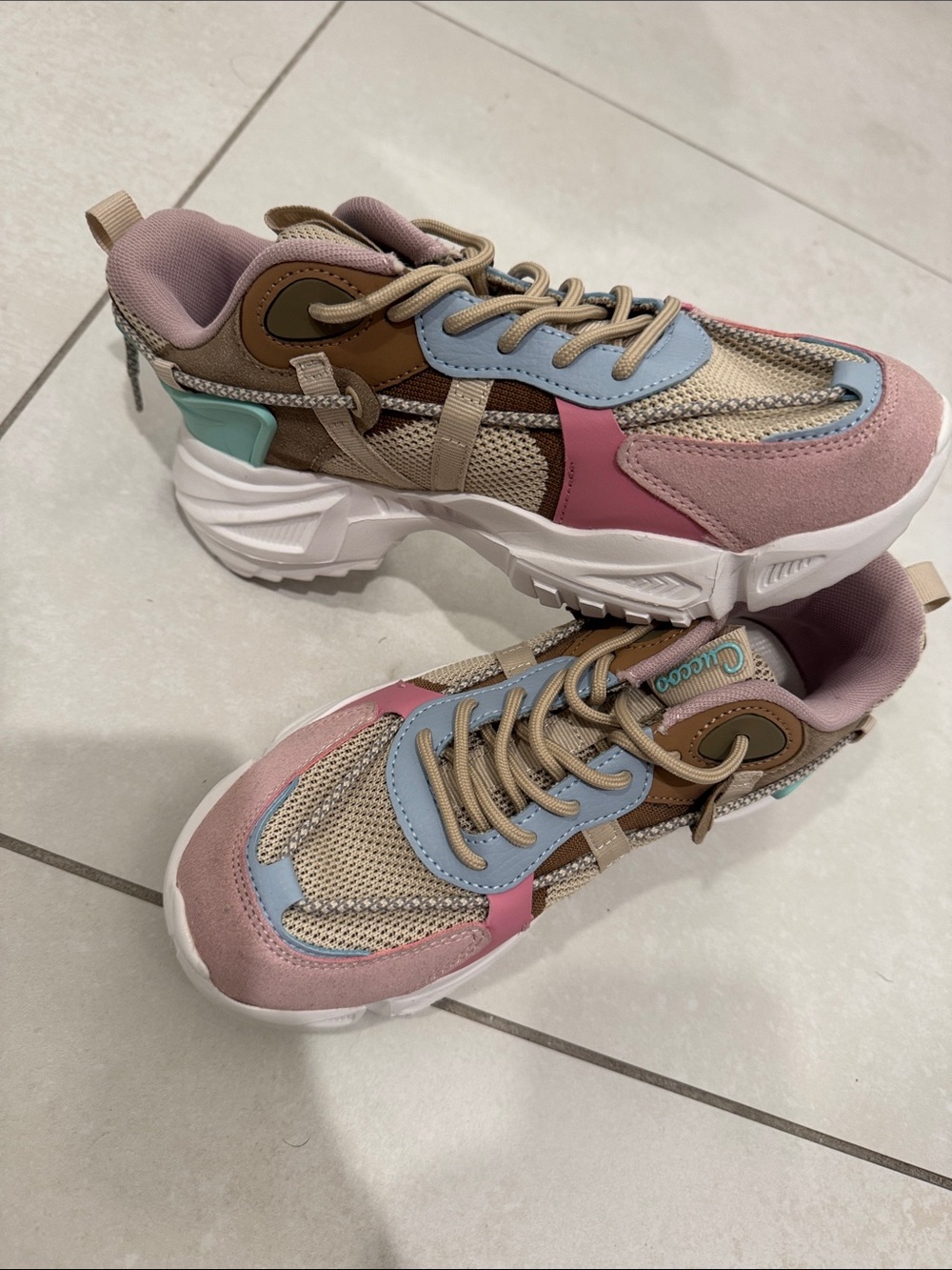 Men's Athletic Sneakers — Pink, Blue & Beige Chunky Trainer